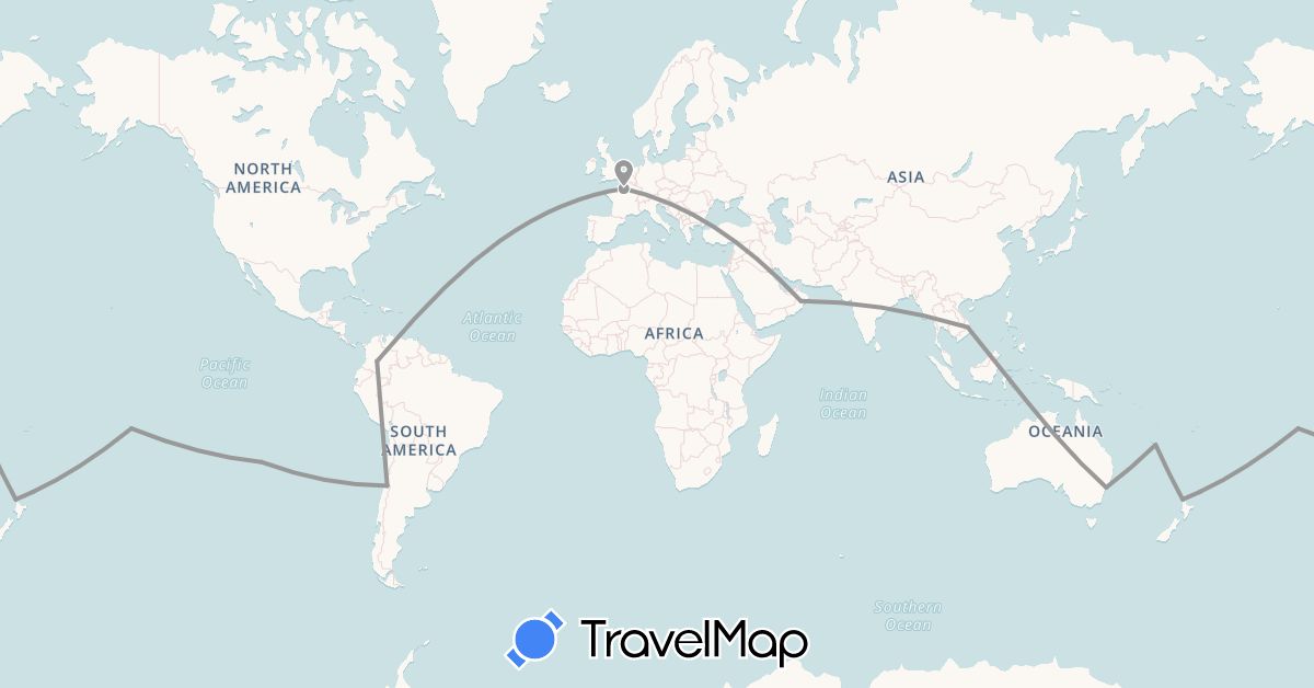 TravelMap itinerary: driving, plane in Australia, Chile, Colombia, France, New Zealand, Oman, Vietnam (Asia, Europe, Oceania, South America)